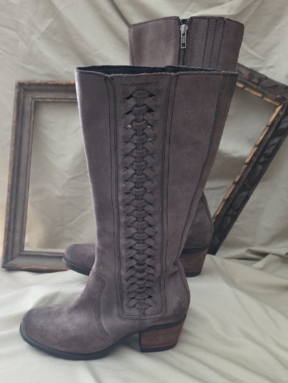 Women’s Tall Taupe Suede Boots with Braided Detail